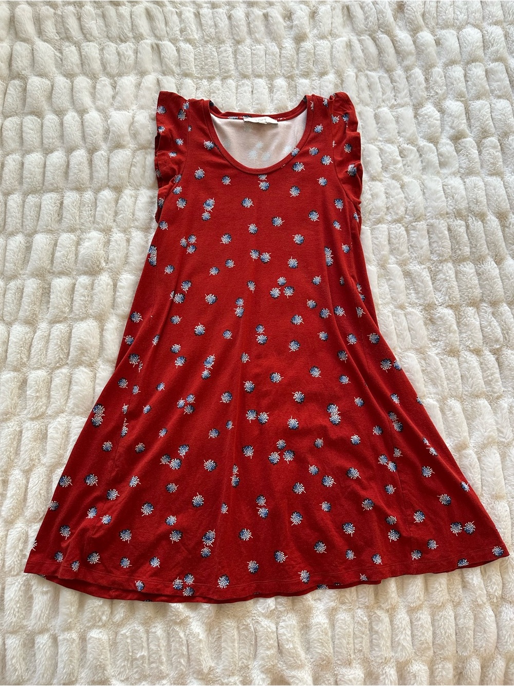 Loft Red White Blue Floral Swing Dress Flutter Sleeve Tomato Girl